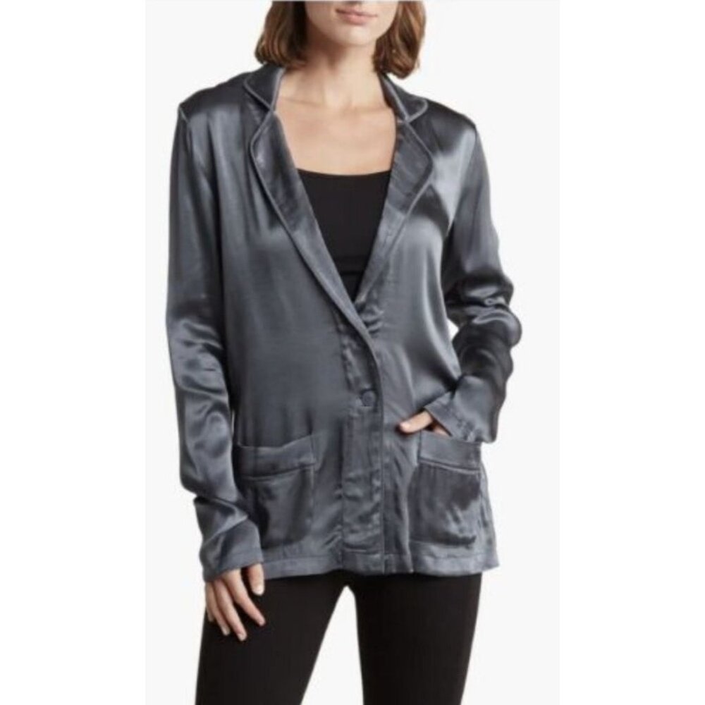NWT Elie Tahari Rayon Satin Blazer M Jacket Flowy Neutral Corp Core Glam Party
